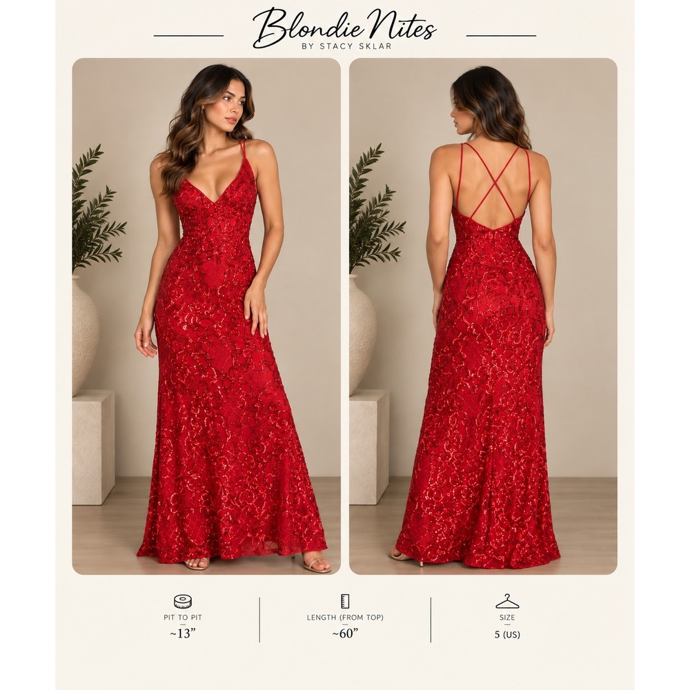 Blondie Nites Stacy Sklar Red Sequin Formal Gown Open Back Prom Dress Size 5